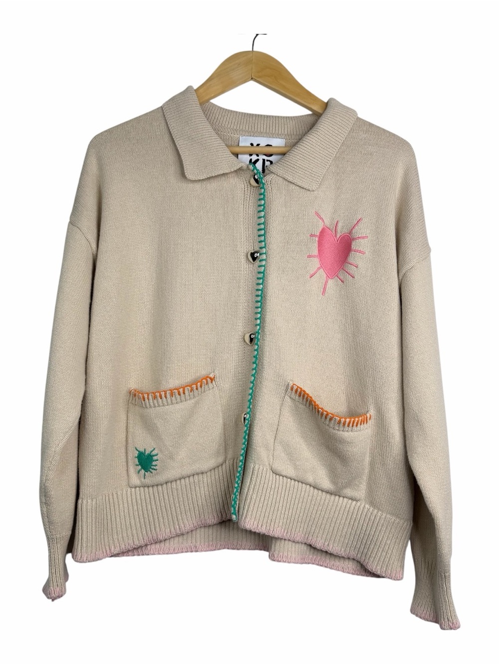 Kerri Rosenthal Beige Collared Cardigan Heart Emroidered Long Sleeve Sweater L